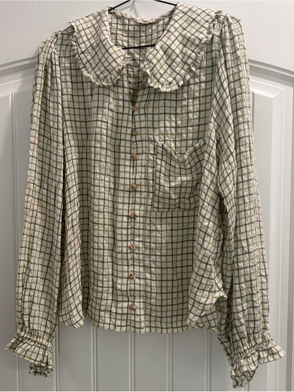 Anthropologie Cream and Olive Plaid Ruffled Collar Button-Down Shirt size large